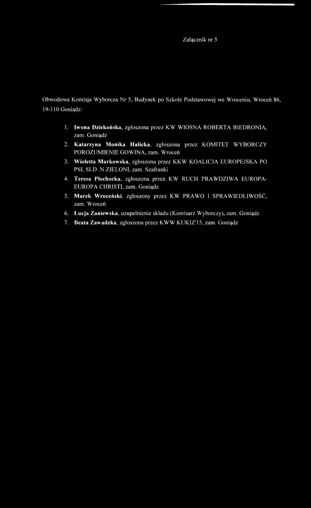 Załącznik nr 5 Obwodowa Komisja Wyborcza Nr 5, Budynek po Szkole Podstawowej we Wróceniu, Wroceń 86, 19-110 Goniądz: 1. Iwona Dziekońska, zgłoszona przez KW WIOSNA ROBERTA BIEDRONIA, 2.