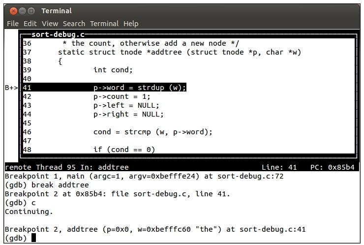 GDB Terminal user interface Okno kodu, pokazujace linie w sasiedztwie linii wykonywanej (wraz z pułapkami/breakpoints) Tryb tekstowy