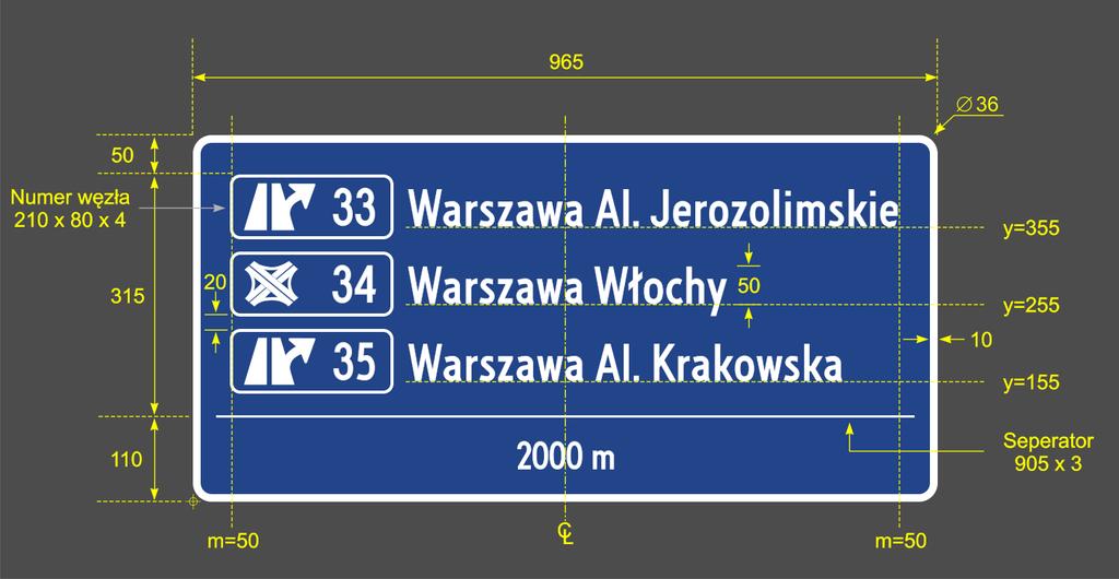 Wzór 1C Przykład oznakowania kompleksowego zespołu węzłów, które mają wspólny pas wyłączania z głównej jezdni.