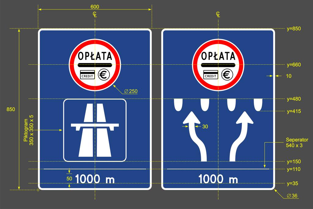 Wzór 9E Oznaczenie autostrady płatnej i punktu poboru opłat Podanie