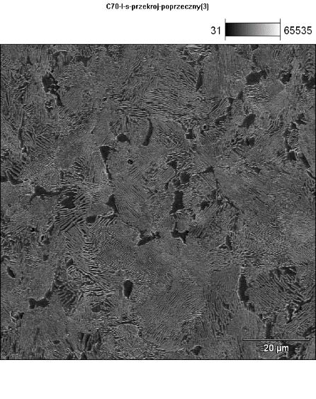 Microstructures of C70D steel after rolling according to variant 1 (rolling end temperature 850 C, all ventilators on (high cooling speed) on cross and longitudinal section recorded on an optical