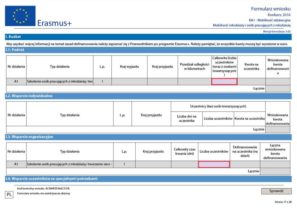 Zapoznaj się z informacjami zawartymi w Przewodniku po programie Erasmus+ (patrz tabela budżetowa). Jeśli występują opisz je. Po dodaniu pozycji wskaż numer działania, opis kosztu oraz jego wysokość.