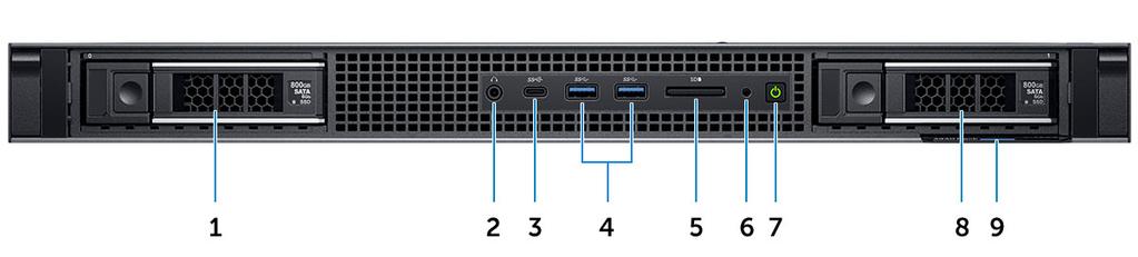 2 Przegląd obudowy Widok z przodu 1 Gniazdo dysku twardego 0 2 Port audio 3 Port USB 3.1 drugiej generacji Type-C 4 Port USB 3.