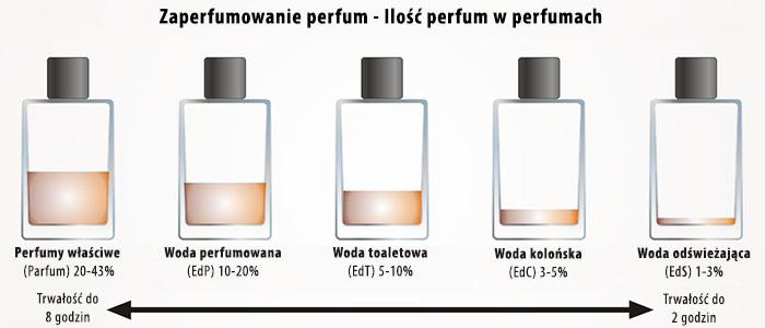 Zaperfumowanie perfum i perfumy FM Wiadomo, że najtrwalszy jest ekstrakt perfum, zawierający w sobie aż od 43 do 60 % zaperfumowania. Natomiast perfumy właściwe mają od 20 do 45 % olejków zapachowych.