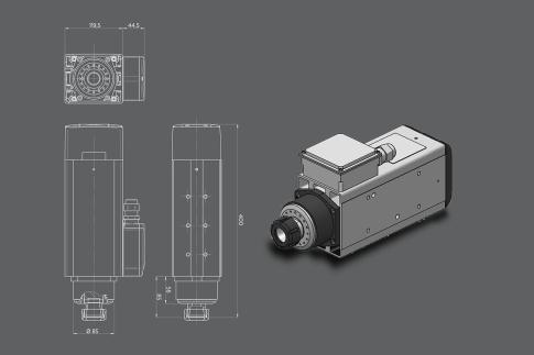 Elektrowrzeciono HITECO 8,5 kw HSK 63F Przemysłowe elektrowrzeciono renomowanego producenta, ﬁrmy HITECO, o mocy 8,5 kw (S1) z mocowaniem na stożki w standardzie HSK 63F.