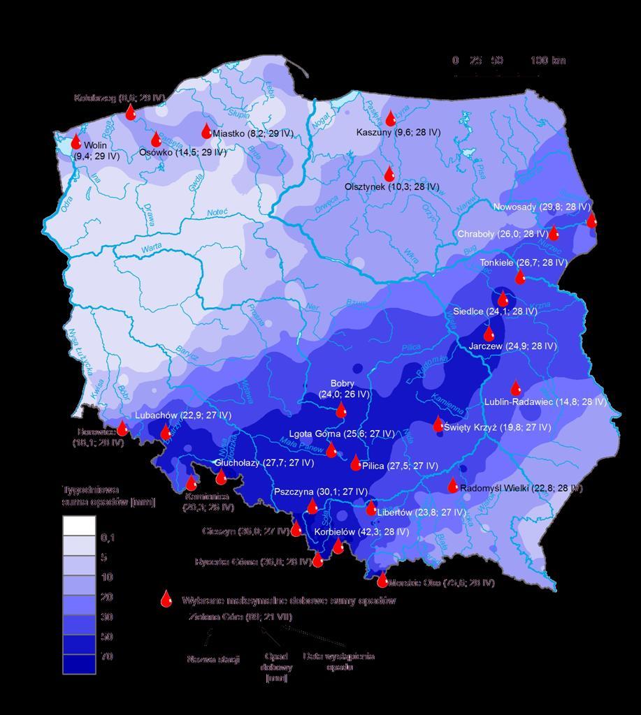 3. Rozkład tygodniowej sumy opadów oraz wybrane maksymalne