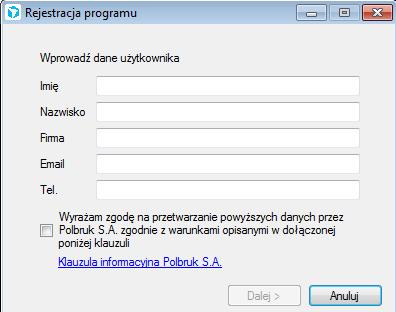 Rejestracja i aktywacja programu Po zainstalowaniu programu, przy jego pierwszym uruchomieniu program poprosi o rejestrację.