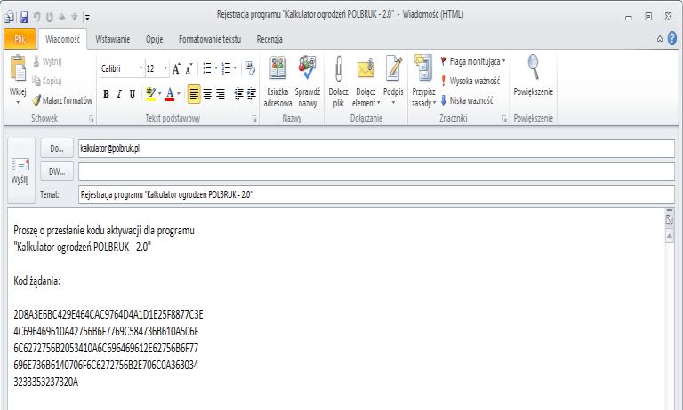 Treść emaila z Kodem żądania wygeneruje