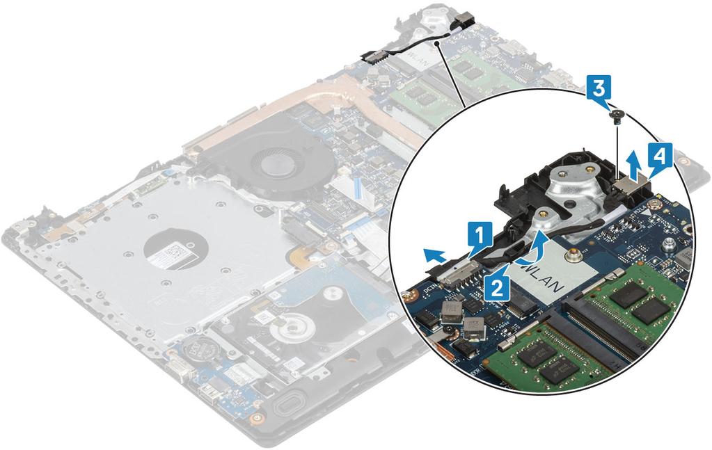 6 Wymontuj kartę sieci WLAN. 7 Wymontuj dysk SSD. 8 Wymontuj zestaw wyświetlacza. 9 Wymontuj płytę przycisku zasilania 1 Odłącz kabel zasilania od płyty systemowej [1, 2].