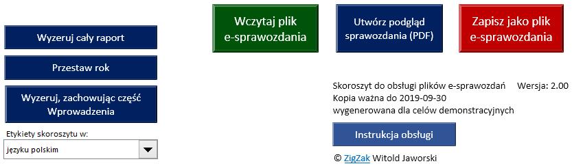 Poniżej pól nagłówka znajdują się wszystkie przyciski związane z obsługą e-sprawozdania: Wczytywanie plików e-sprawozdań (xml) Zapisanie podglądu raportu do pliku PDF Zapisanie raportu do pliku xml