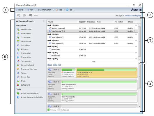 4.4 Główne okno programu Acronis Disk Director W głównym oknie programu Acronis Disk Director jest wykonywanych większość operacji w produkcie. 1.