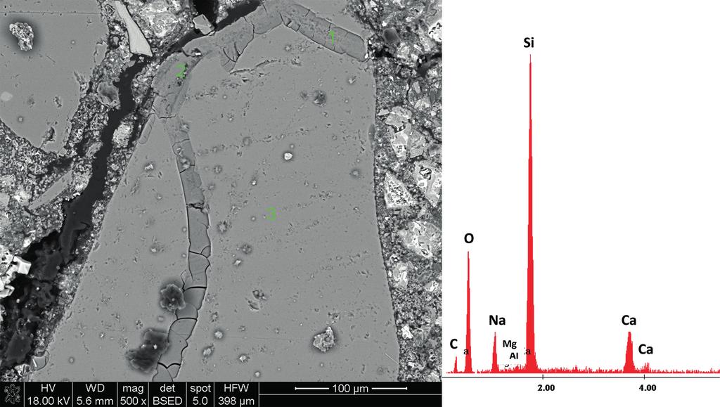 Fused silica grain with veins of alkali silica gel within; mortar without lithium soaked for 14 days in 4.5M sodium chloride solution at 80 C; on the right EDX microanalysis in point 1 Rys. 7.