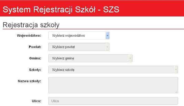 Rozpoczynamy od kliknięcia na czerwone pole z napisem REJESTRACJA. Potem wybieramy po kolei województwo/powiat/gminę, w której znajduje się Wasza Szkoła.