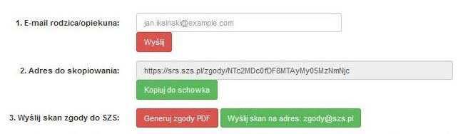 Do dyspozycji są trzy rodzaje przekazywania rodzicom zgód na udział w zawodach: 1. droga mailowa - w pole należy wpisać adres mailowy rodzica.