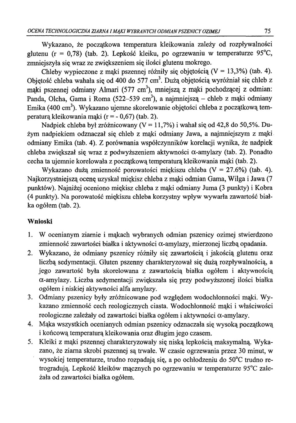 OCENA TECHNOLOGICZNA ZIARNA I MĄKI WYBRANYCH ODMIAN PSZENICY OZIMEJ 75 Wykazano, że początkowa temperatura kleikowania zależy od rozpływalności glutenu (r = 0,78) (tab. 2).