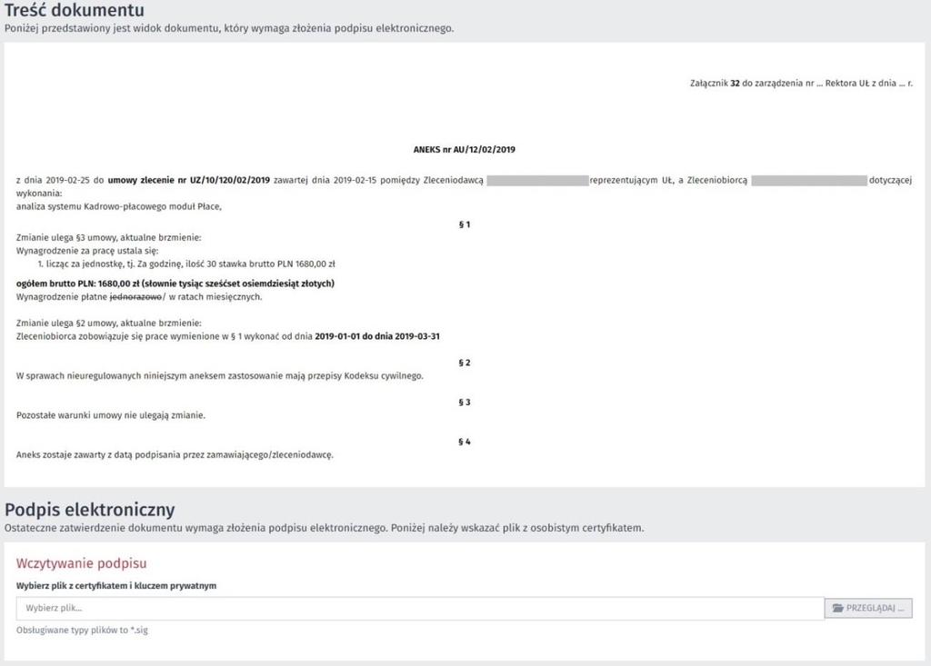 W takiej sytuacji aneks do umowy na dalszych krokach trafia kolejno na Listy zadań pracowników będących Stroną dla dokumentu: Akceptacja Wykonawcy / Zleceniobiorcy (krok 3 lub 4) - pracownik UŁ