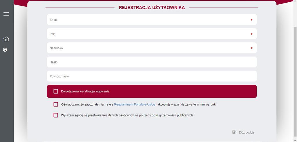 Przed rejestracją Wykonawca ma obowiązek zapoznać się z Regulaminem Portalu e-usług, a następnie zaznacza chceckbox potwierdzający tą czynność oraz zgodę na przetwarzanie danych osobowych.