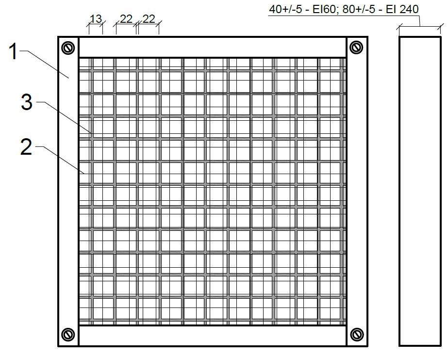 DOSTĘPNOŚĆ, KLASYFIKACJA OGNIOWA (KRATKA PROSTOKĄTNA) Rys. 1. Kratka prostokątna EI 60, EI 240 2 - siatka z drutu stalowego 3 - wkład pęczniejący Rys. 2. Kratka prostokątna EI 120 2 - wkład pęczniejący EI 60 / Szer.