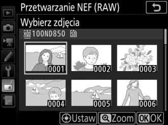 5 Wybierz zdjęcia. W przypadku wybrania Wybierz zdjęcia w kroku 3, zostanie wyświetlone okno dialogowe wyboru zdjęć, zawierające listę tylko zdjęć w formacie NEF (RAW) utworzonych tym aparatem.