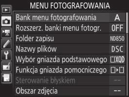 C Menu fotografowania: opcje fotografowania Aby wyświetlić menu fotografowania, naciśnij G i wybierz zakładkę C (menu fotografowania). Przycisk G Opcja 0 Bank menu fotografowania 33 Rozszerz.
