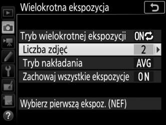 3 Wybierz liczbę zdjęć. Wyróżnij Liczba zdjęć i naciśnij 2. Naciskaj 1 lub 3, aby wybrać liczbę ekspozycji do połączenia w jedno zdjęcie, po czym naciśnij J.