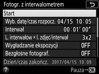 3 Rozpocznij fotografowanie. Wyróżnij Start i naciśnij J. Pierwsza seria zdjęć zostanie zrobiona w wybranym czasie rozpoczęcia lub po około 3 s, jeśli ustawienie Teraz zostało wybrane dla Wyb.