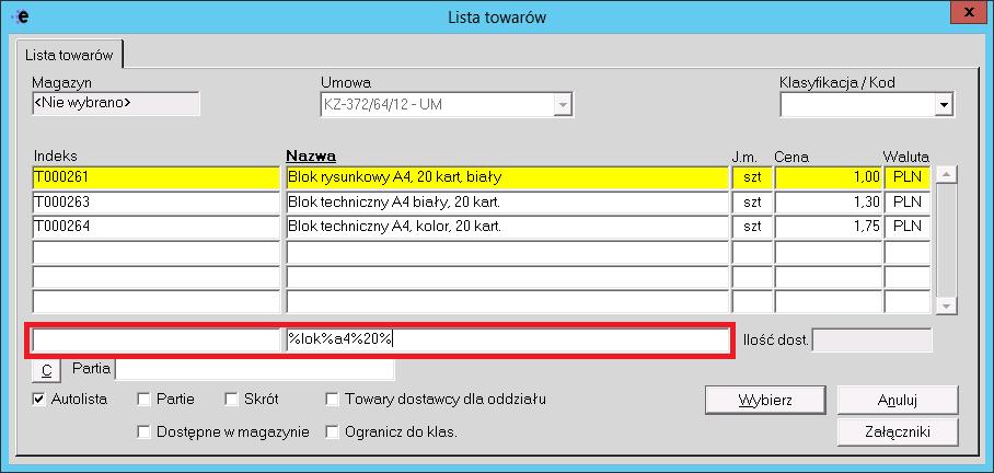 Po wyborze towaru / usługi (oznaczenie kolorem żółtym), wciskamy przycisk Wybierz.