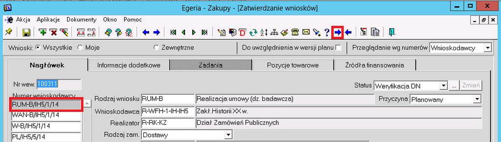 Po wybraniu przycisku otworzy się okno wyboru statusu. Należy podświetlić na żółto status Akceptacja DN klikając lewym przyciskiem myszy w nazwę statusu jeżeli nie jest podświetlony prawidłowy.