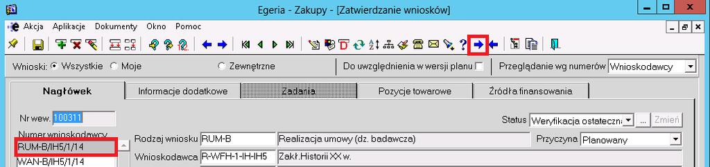 Dany wniosek można odszukać na wiele sposobów. Można wyszukać wiosek po numerze wnioskodawcy, numerze wewnętrznym dacie wystawienia lub po statusie.