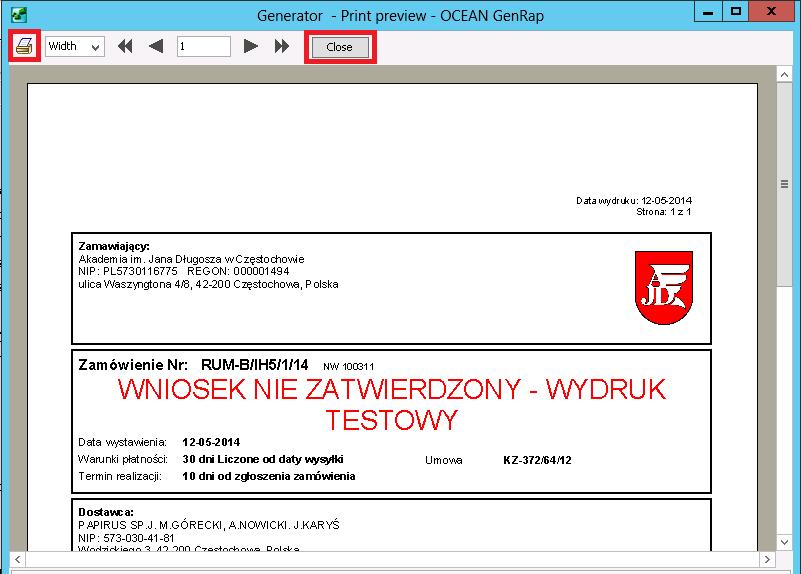 Wygenerować wydruk do pliku HTML przez wybór przycisku.