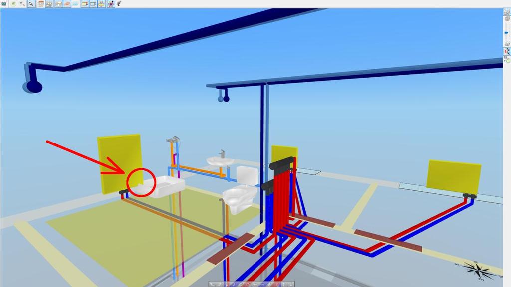 Rys. 4. Przykład kolizji pomiędzy instalacją ogrzewania i wodociągową 4. Projektowanie instalacji centralnego ogrzewania Moduł Audytor CO umożliwia graficzne projektowanie nowych instalacji c.o., jak również regulację istniejących instalacji np.