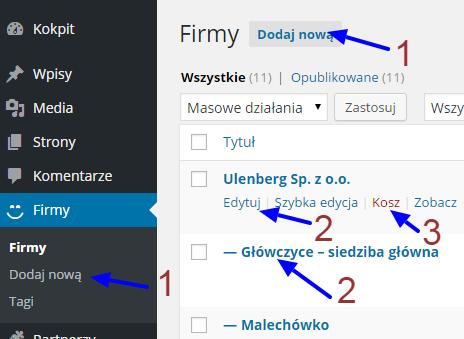 VII. Firmy 1. Dodawanie i edycja firm 1. Kliknij, aby dodać nową firmę. 2.