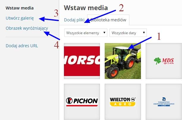 IV. Zdjęcia, galerie i pliki 1. Główne okno Po kliknięciu 'Dodaj medium' wyświetli się okno wyboru plików. 1. Jeśli plik, który chcesz umieścić znajduje się w bibliotece mediów kliknij w jego miniaturę.