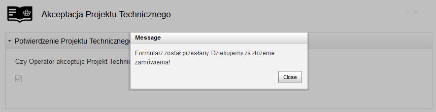 Po kliknięciu w ikonę wykrzyknika nastąpi przejście do formatki Akceptacja Projektu Technicznego. W celu akceptacji projektu należy zaznaczyć check box.