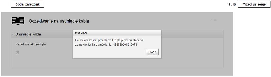 W przypadku zaznaczenia, że kabel jest usunięty pojawi się przycisk wyślij. Widok po wysłaniu zamówienia.