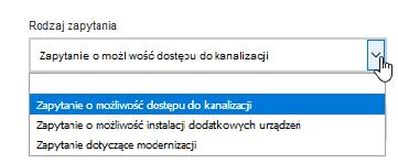 W zakładce podstawowe informacje należy uzupełnić pola, które oznaczone są gwiazdką. Pole rodzaj zapytania jest listą rozwijalną. Po kliknięciu na strzałkę, pojawią się opcje do wybrania.