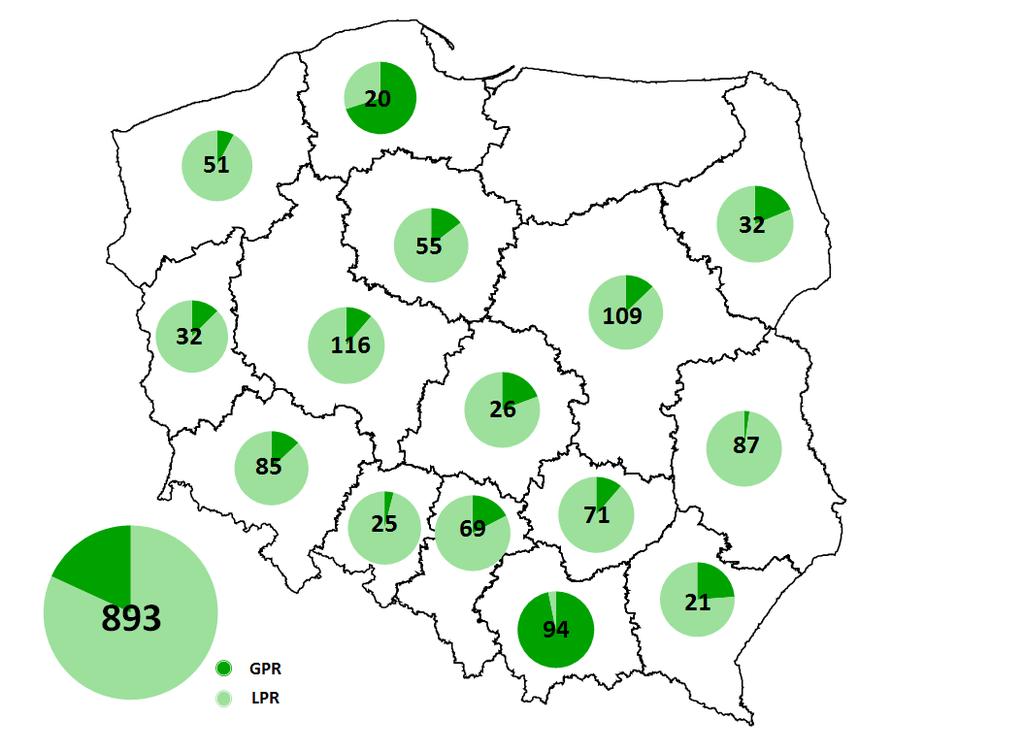 Mapa nr 1 Liczba programów rewitalizacji sfinansowanych z dotacji znajdujących się w wykazach wojewódzkich oraz stosunek GPR do LPR Źródło: opracowanie własne, dane wg stanu na dzień 14.05.2018 r.
