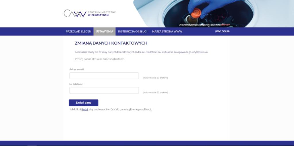 zmianę danych kntaktwych: adresu e-mail i numeru telefnu). W dpwiednim plu należy wpisać nwe dane i zatwierdzić przyciskiem [Zmień dane].