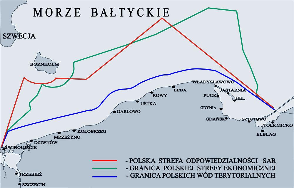 Polska strefa odpowiedzialności morskiej. Ilustracja: www.sar.gov.pl Dyżur pełniony jest przez załogi śmigłowców W-3WARM w 43.