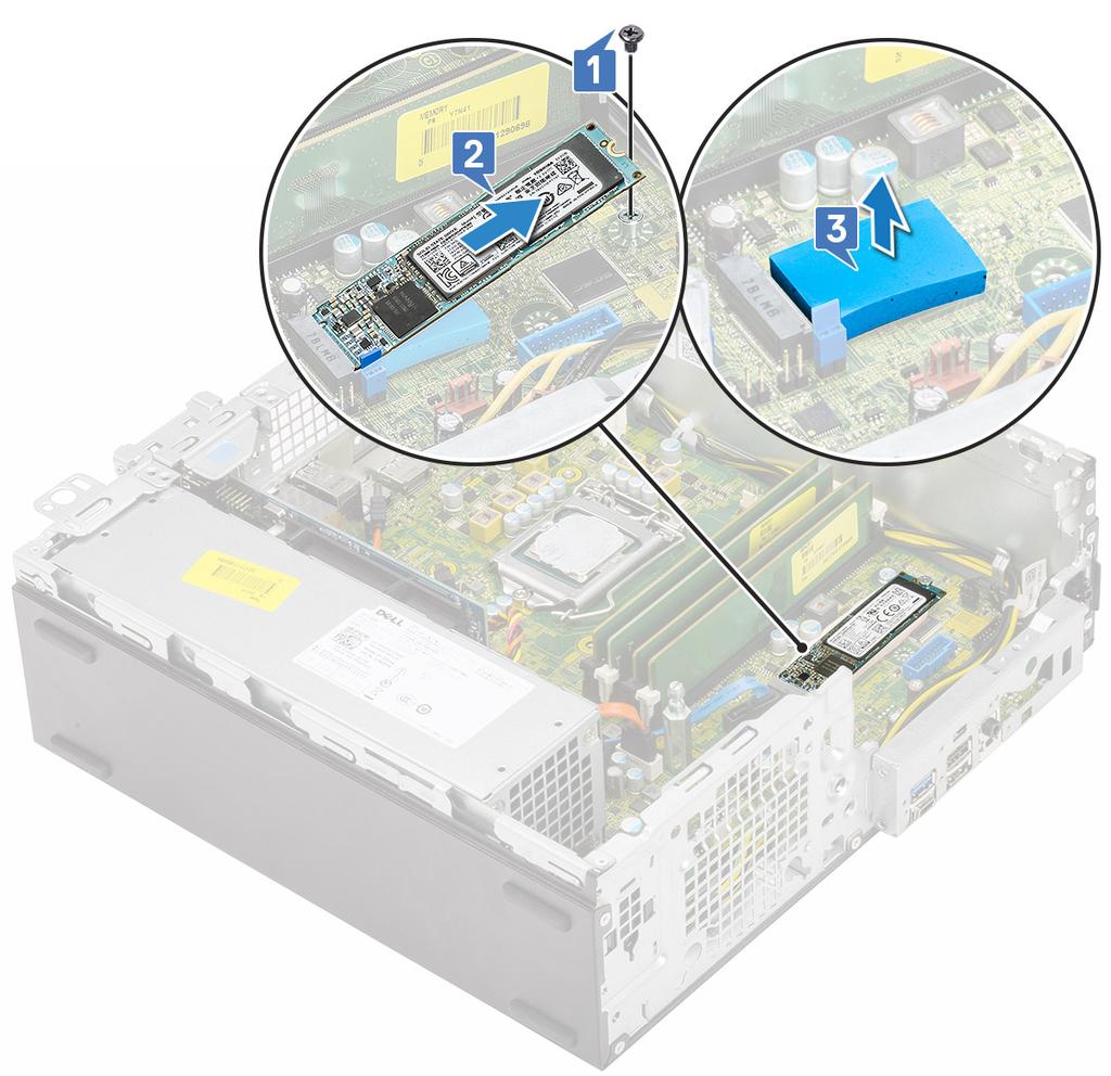 3. Aby wymontować dysk SSD M.2 PCIe, wykonaj następujące czynności: a) Wykręć jedną śrubę (M2x3,5) mocującą dysk SSD M.2 PCIe do płyty systemowej [1].