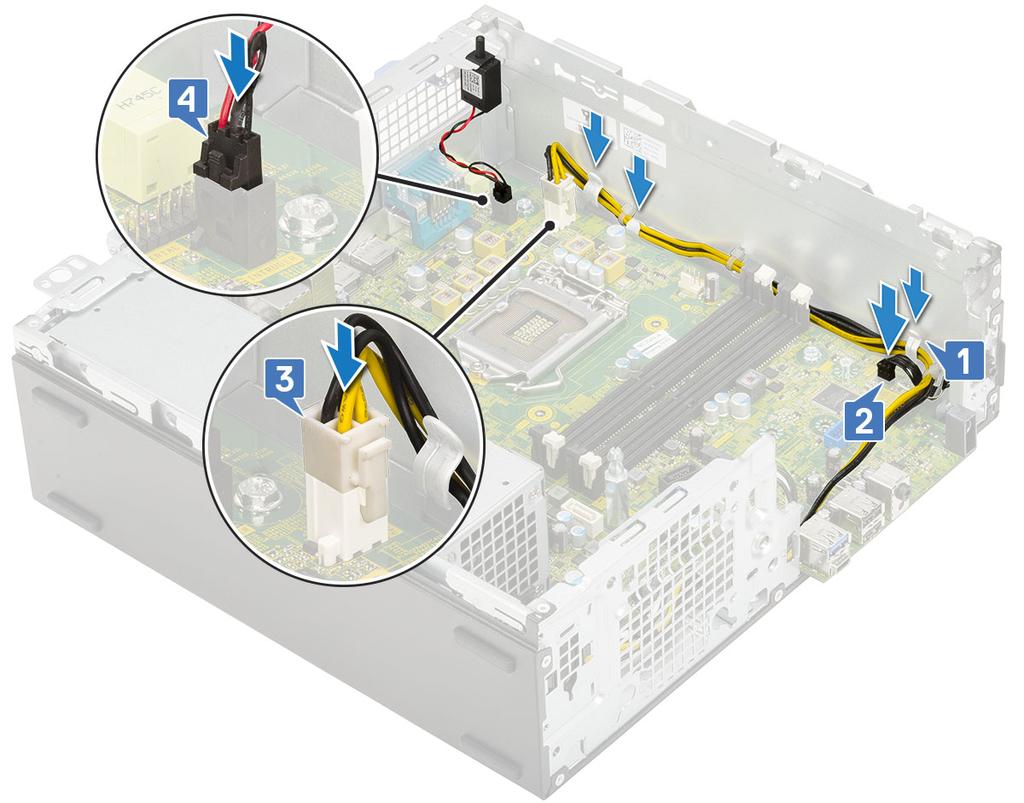 6. Podłącz kabel zasilania, kabel danych napędu optycznego oraz kabel danych dysku twardego [1, 2, 3]. 7.