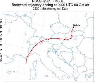 Wpływ cyrkulacji atmosferycznej na zmienność dobową stęŝenia Rn-222 A B Rys. 6.21. A. Trajektoria wsteczna prezentująca o 72 godz.