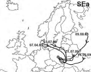 Wpływ cyrkulacji atmosferycznej na zmienność dobową stęŝenia Rn-222 Rys. 6.23. Trajektorie wsteczne mas powietrza prezentujące o 72 godz.