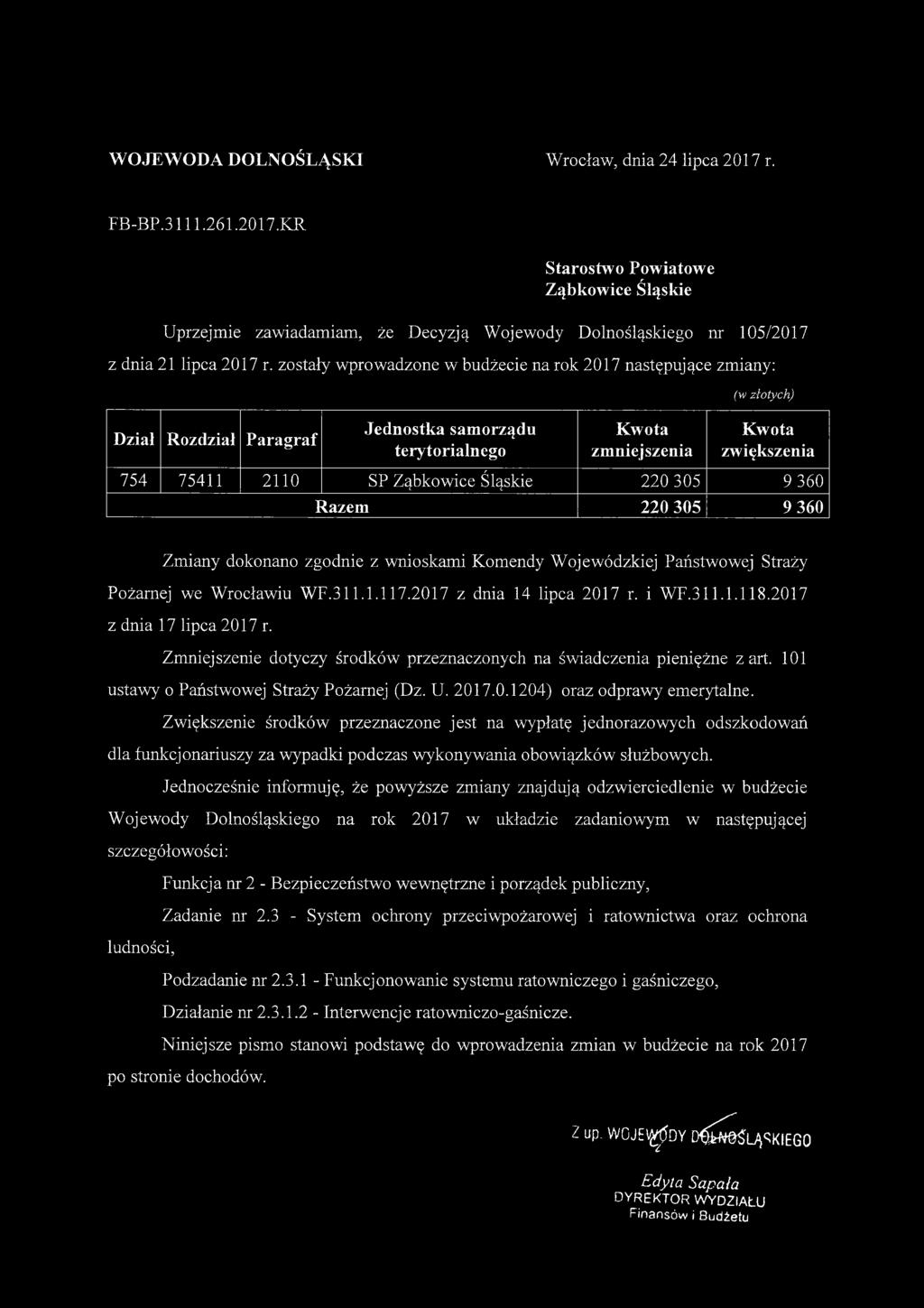 Straży Pożarnej we Wrocławiu WF.311.1.117.2017 z dnia 14 lipca 2017 r. i WF.311.1.118.2017 z dnia 17 lipca 2017 r. Zmniejszenie dotyczy środków przeznaczonych na świadczenia pieniężne z art.