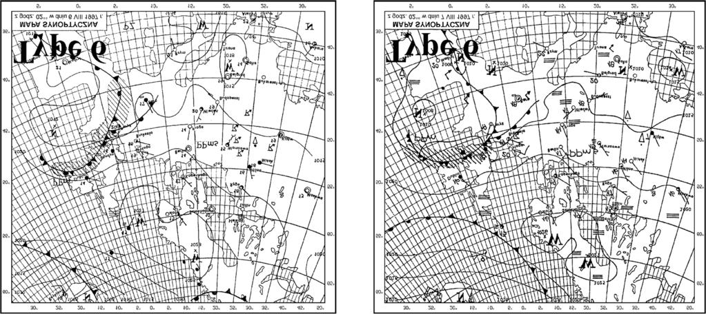 6. Mapy synoptyczne z 6.07. i 7.07.1997 z Codziennego Biuletynu Meteorologicznego IMGW (typ 6 sytuacji synoptycznej) Fig. 6. Synoptic charts for 6.