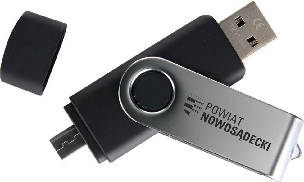 , - znakowanie laserowe na obrotowej metalowej części pendriva zgodnie z proporcjami na wizualizacji, - pendrive pakowany indywidualnie w