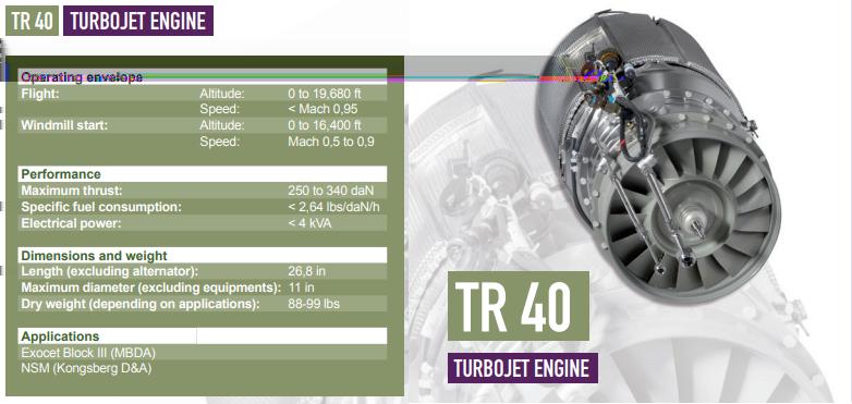 Marszowy silnik turboodrzutowy TR 40 stosowany w rakietach przeciwokrętowych NSM i Exocet Block III. Fot.