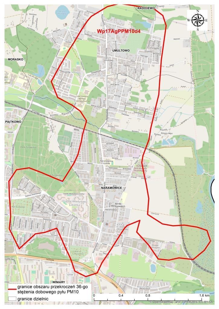 Rysunek 16. Obszar przekroczeń poziomu dopuszczalnego pyłu PM10 odniesionego do wartości średniodobowych - Wp17AgPPM10d4 - w aglomeracji poznańskiej w 2017 roku 49.