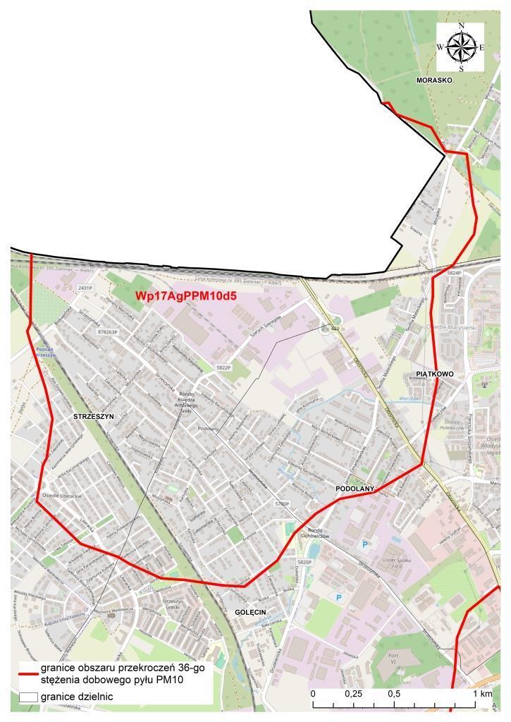 Rysunek 17. Obszar przekroczeń poziomu dopuszczalnego pyłu PM10 odniesionego do wartości średniodobowych - Wp17AgPPM10d5 - w aglomeracji poznańskiej w 2017 roku 50.