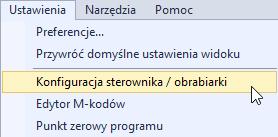 Następną czynnością, jaką powinno się wykonać to konfiguracja obrabiarki i sterownika. Okno konfiguracji znajduje się w menu Ustawienia > Konfiguracja sterownika / obrabiarki.